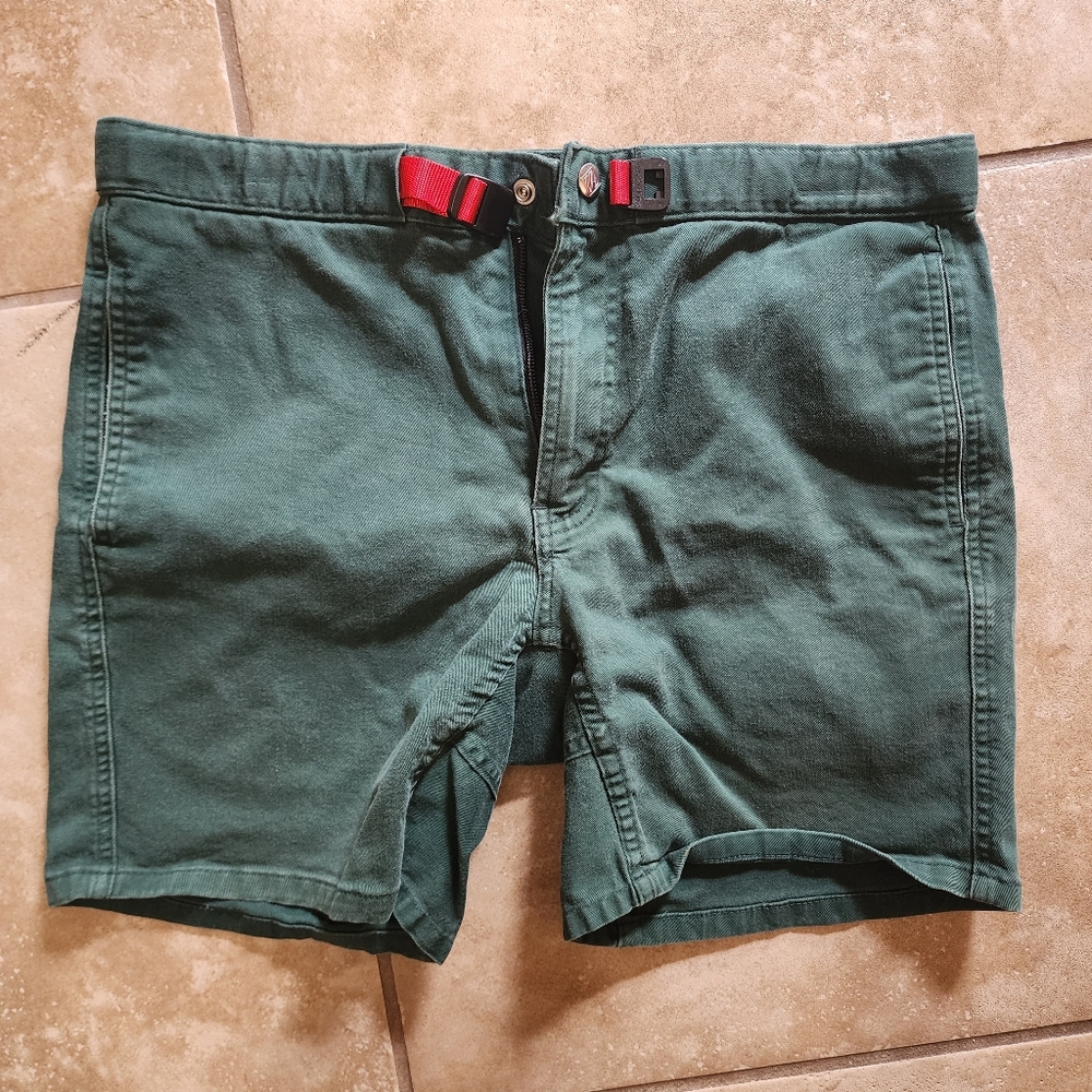 Topo Designs Green Chino Shorts with Red Belt Accent